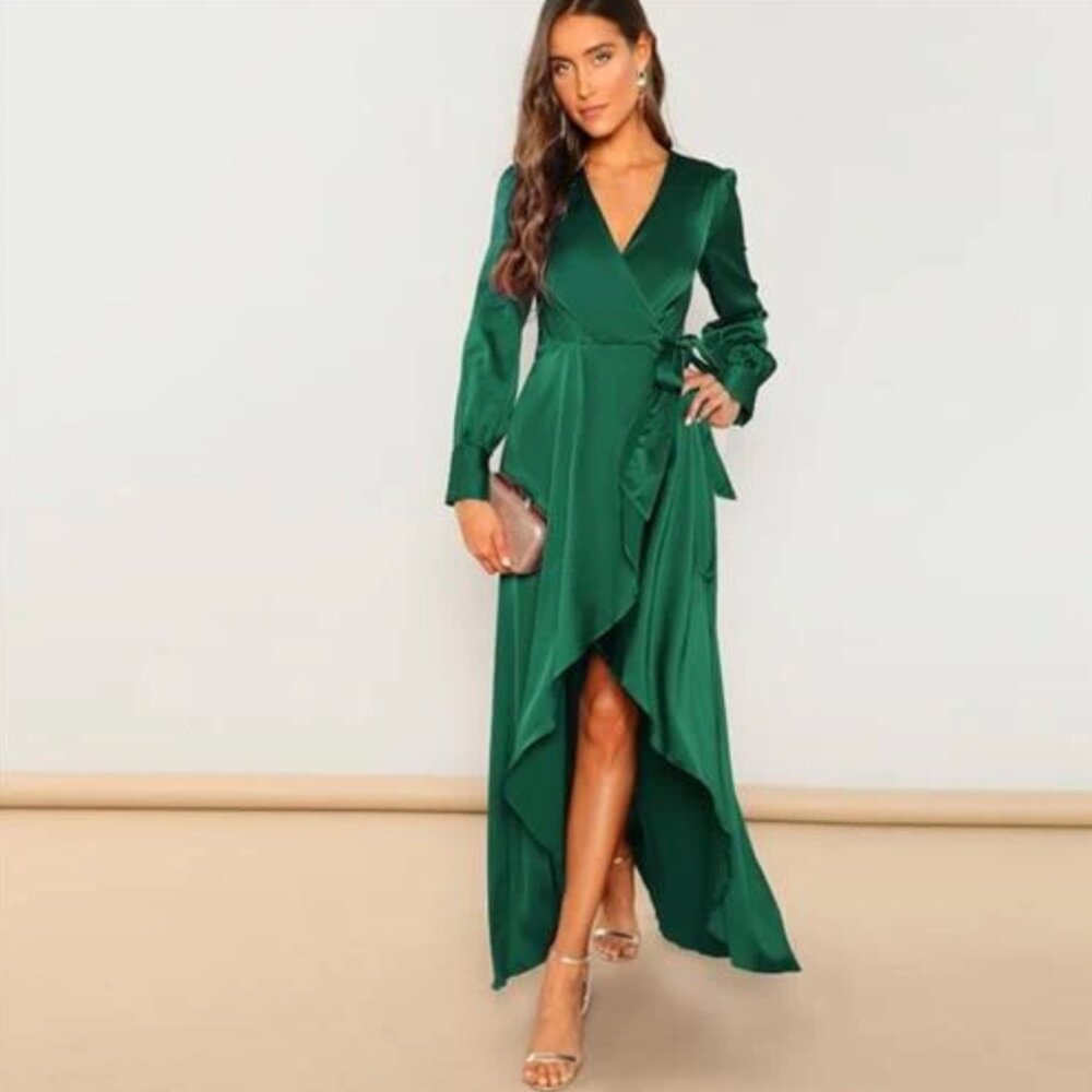 V-Neck Belted Wrap Asymmetric Party Maxi Dress